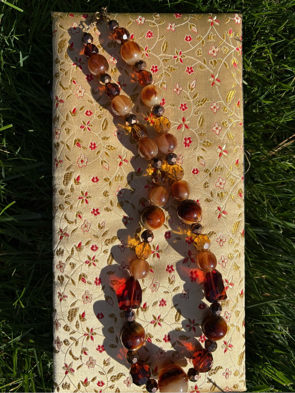 Gorgeous Large Amber Agate Glass Beaded Statement Necklace 26”